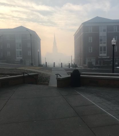 This morning, smoke covered the view of Wait Chapel from Polo Residence Hall.