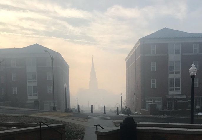 Smoke covers the view of Wait Chapel from Polo Residence Hall in Feb. 2, 2022.