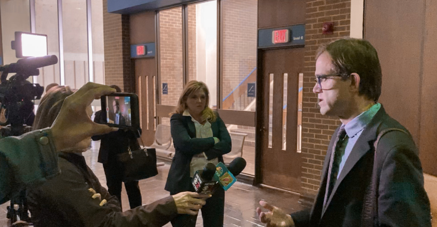 Brad Bannon and Christine Mumma, defense attorneys for Christopher Bryant and Rayshawn Banner, respectively, give an interview after the first day of the hearings. Mark Rabil and Julie Boyer (not pictured) represent Jermal Tolliver and Nathaniel Cauthen, respectively.