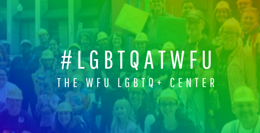 A photo with a superimposed rainbow background. #LGBTQ@WFU and, on the next line, The WFU LGBTQ+ Center, are written over the image.