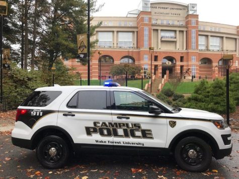 A Wake Forest University Police vehicle is parked outside of Truist Field.