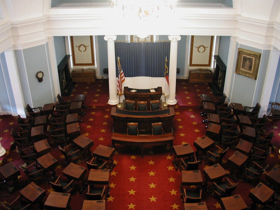 A photo of an empty North Carolina Senate chamber