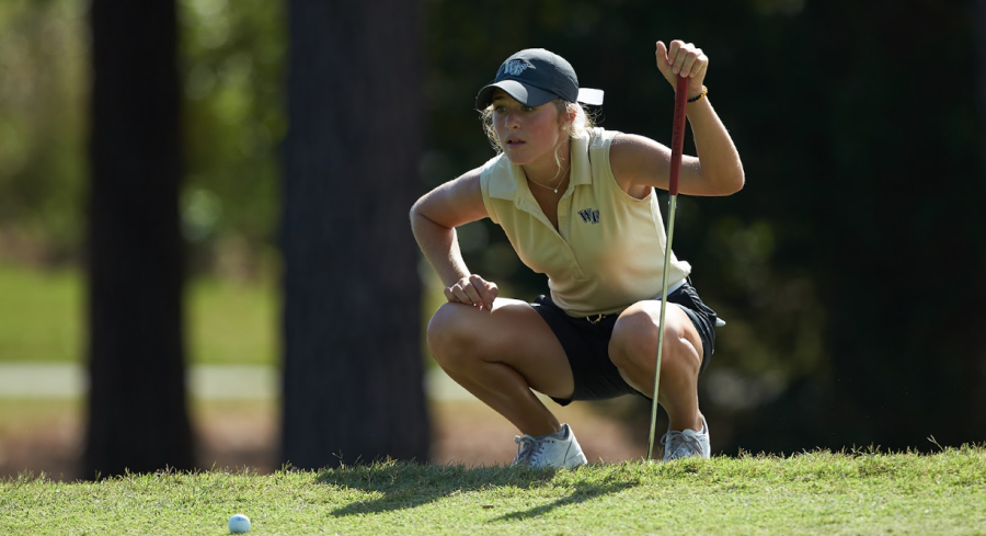 ACC Golfer of the Year Rachel Kuehn admires a shot.