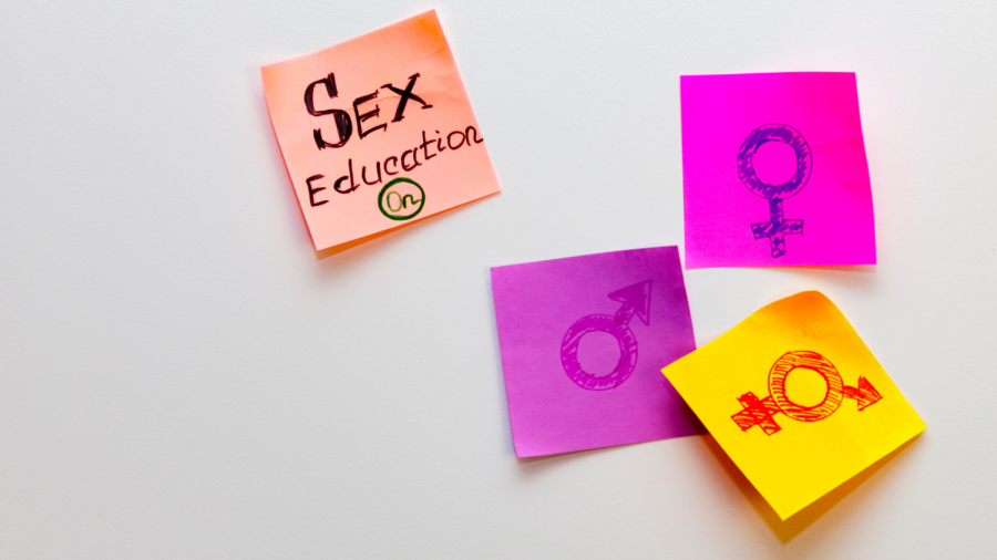 An image with an off-white background and four post-it notes. The top left image reads Sex education on, the bottom three have the symbols for male, female, and transgender people from top to bottom and left to right.