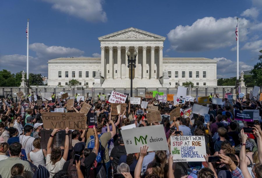 A protest in front of the Supreme Court, a marble building separated from the crowd by a fence.