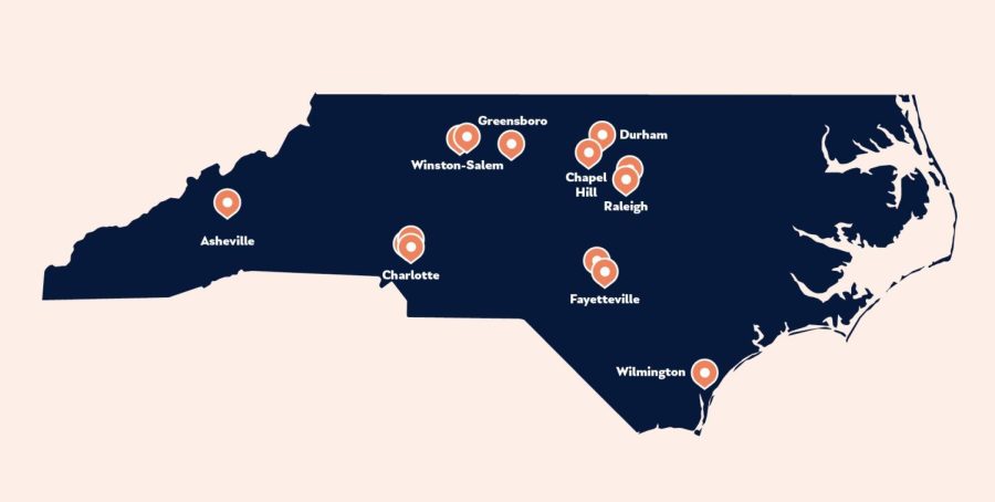 A+graphic+displaying+a+map+of+North+Carolina+with+pinpoints+where+there+is+an+abortion+clinic
