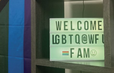 A photograph of a neon sign on a shelf next to a pride flag. The sign reads: Welcome LGBTQ@WFU FAM