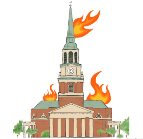 A cartoon image of a brick building catching on fire.