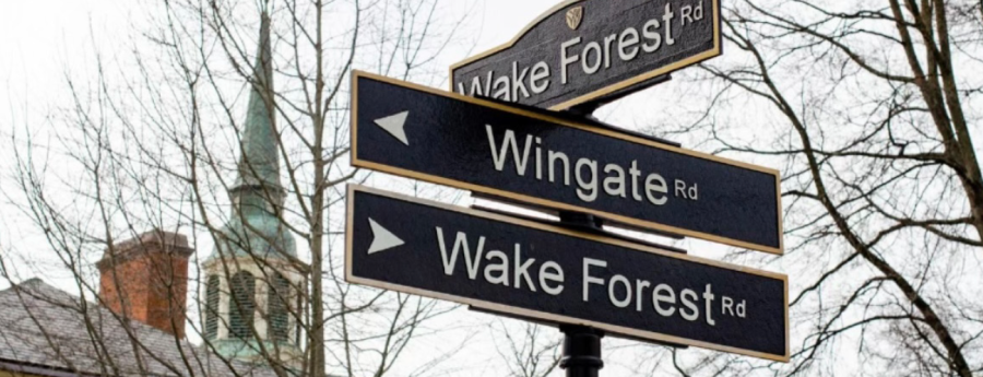 A road sign on Wake Forests campus at the intersection of Wingate and Wake Forest Road