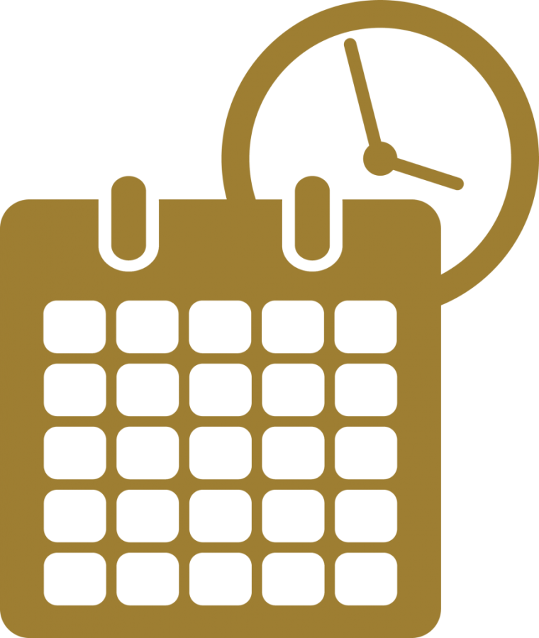 A gold graphic with a clock and a calendar.