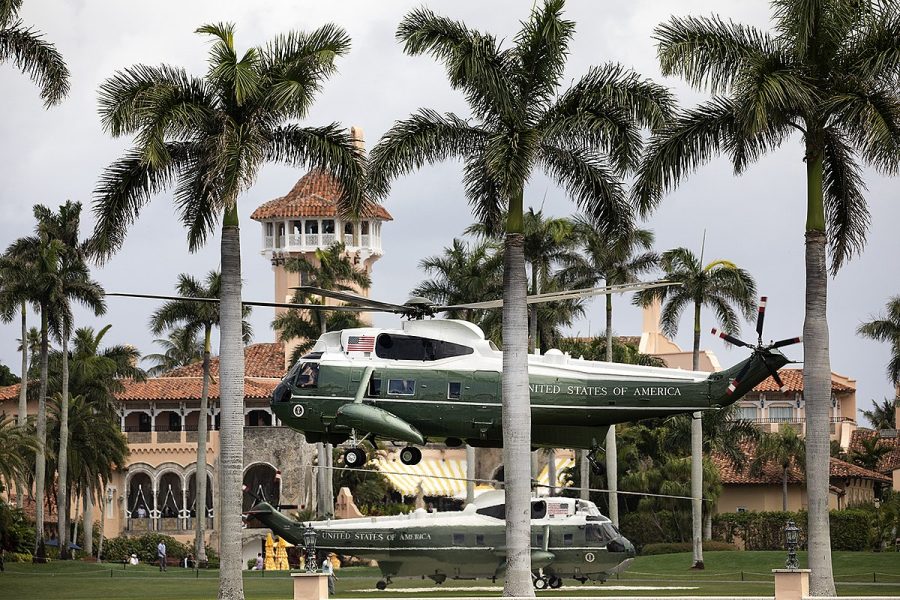 Marine One descends at Mar-a-Lago, the Florida residence of former President Donald Trump.