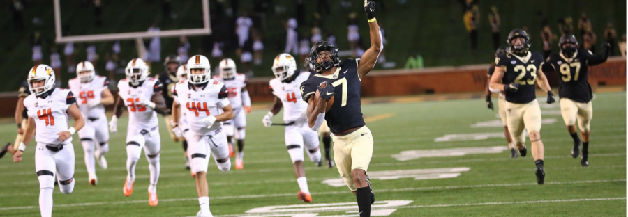 Wide Receiver Donovan Green dusts the competition while returning a kick-off against Campbell University at home in Truist Field in the 2020 season.