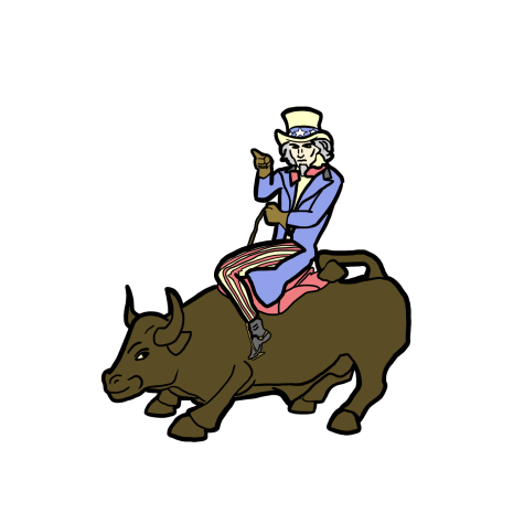 A cartoon image of Uncle Sam riding an electric bull