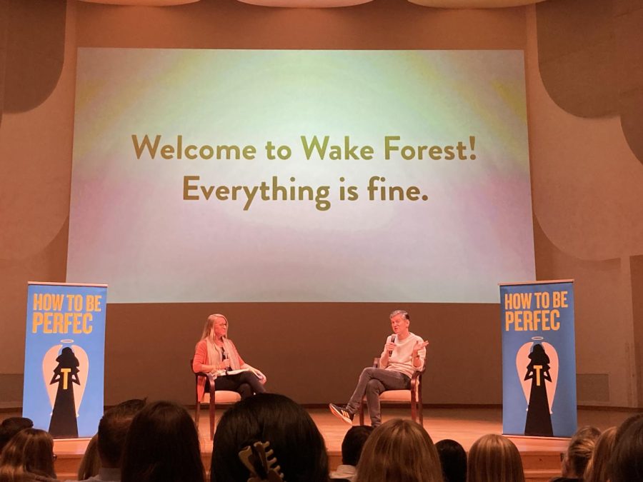 Ann Phelps (left) speaks with The Good Place creator Michael Schur in Brendle Recital Hall.