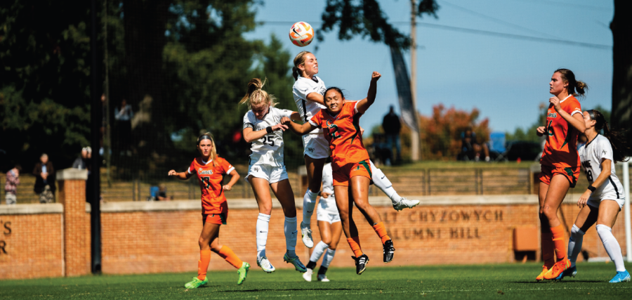 Defender Kristin Johnson elevates over the competition to clear the ball away from Wake Forest’s goal.
The sophomore was everywhere versus Miami, as she assisted on both scores for the Demon Deacons.