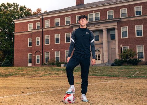 Men’s soccer midfielder Leo Guarino strikes a pose in front of Farrell Hall. His presence isn’t only felt on the field—Guarino was named to the 2021-2022 Academic Honor Roll.