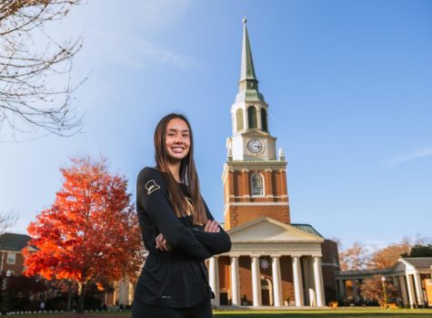 Alex Wood, a freshman sensation on the womens soccer team, poses in front of Wait Chapel.