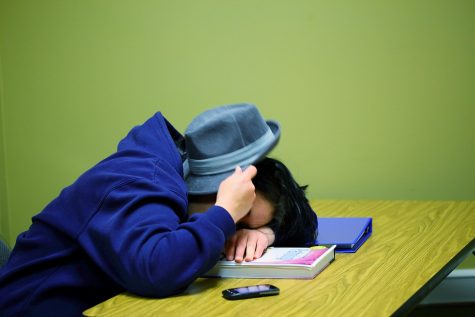 A college student falls asleep on their textbook.