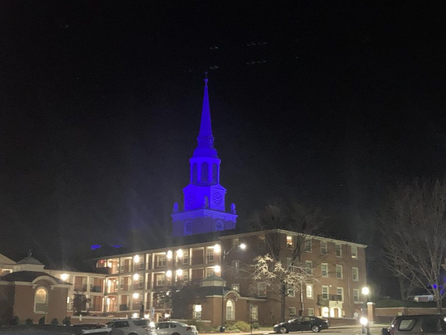 Wait Chapel is lit blue to support the University of Virginia. (Aine Pierre/OGB)