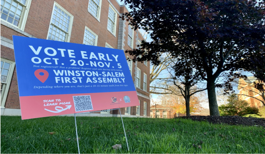 A sign outside of ZSR Library promotes an early voting site at Winston-Salem First Assembly, where many students casted votes.