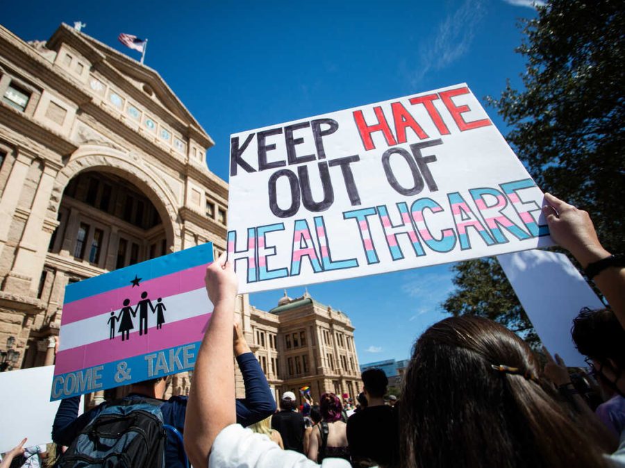 Protestors advocate against a trans healthcare ban for minors.