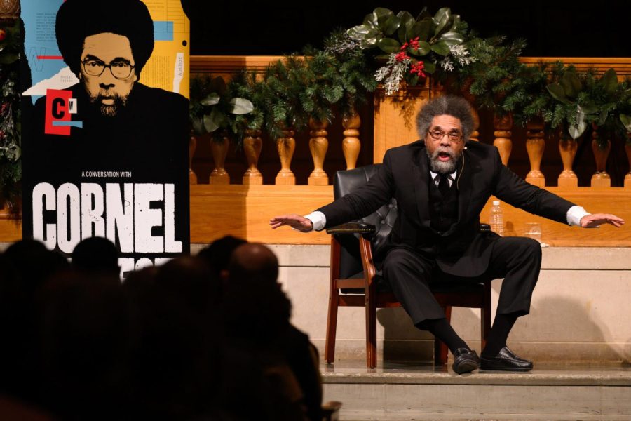 Cornel West participates in a moderated discussion about leadership and character in Wait Chapel.