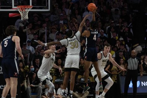Damari Monsanto attempts to block a shot. His 25 points kept Wake Forest in the game. 