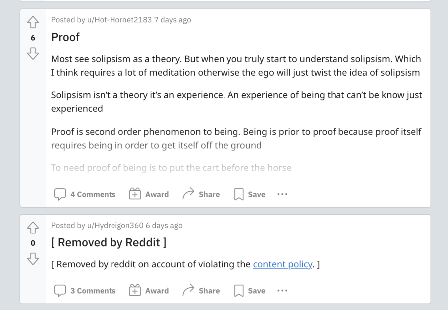 A popular subreddit discusses solipsism.