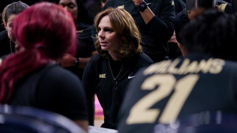 Megan Gebbia coaches her team during a loss to Notre Dame.