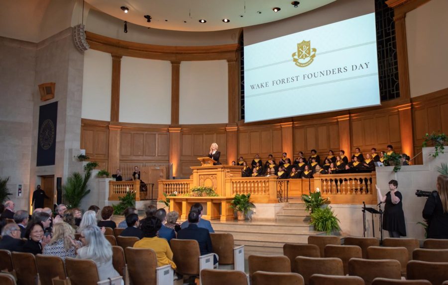 Wake+Forest+President+Susan+Wente+adresses+the+community+during+a+Founders+Day+celebration.