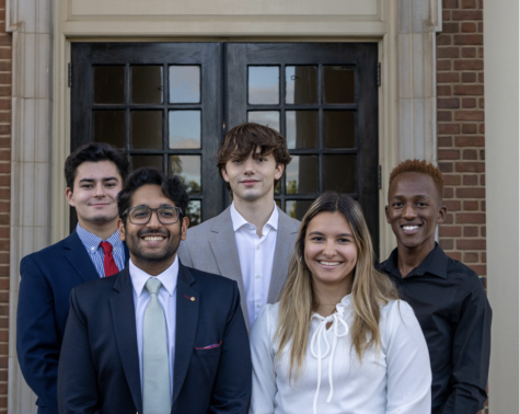 The Judiciary Committee of Student Government poses for a picture. Connor Dier (leftmost) will not serve as a justice, Aman Khemlani (front left) will serve as chief justice pro tempore, Alondra Janicek (front right) will serve as chief justice. Associate justices will be Joey Crane (back center) and Jeffrey Ayako (back right).