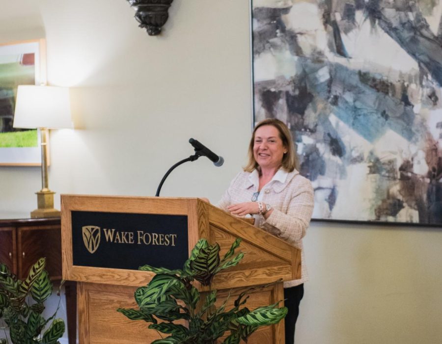 Dr. Jackie Krasas addresses Wake Forest after being named dean of the College and Graduate School of Arts and Sciences.