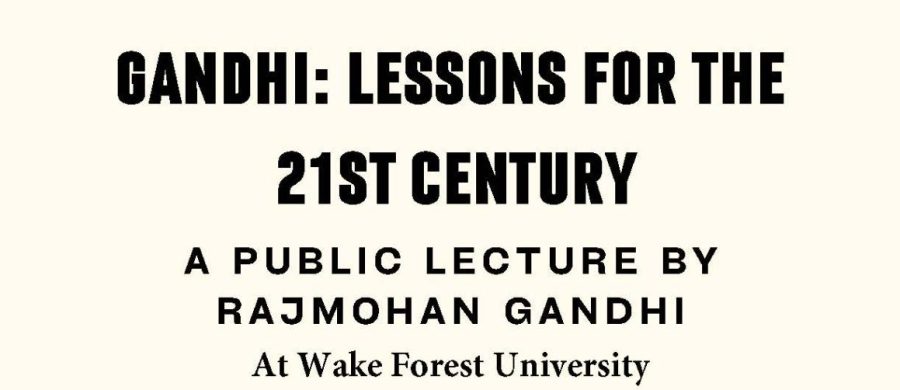 A flyer details Rajmohan Gandhis talk.