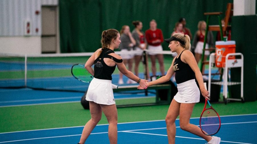 Womens tennis finds success in doubles matches during the Blue Gray Tournament.