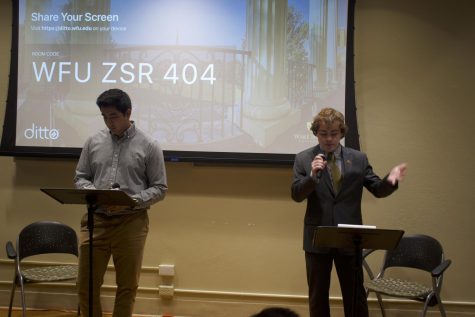 Hasan Pyarali (left) and Jackson Buttler (right) participate in a presidential election debate.