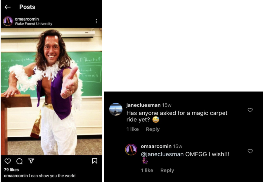 An Instagram post shows Dr. Hena in a Wake Forest classroom dressed as Aladdin. In the comments, someone asks if anyone has asked for a magic carpet ride yet.