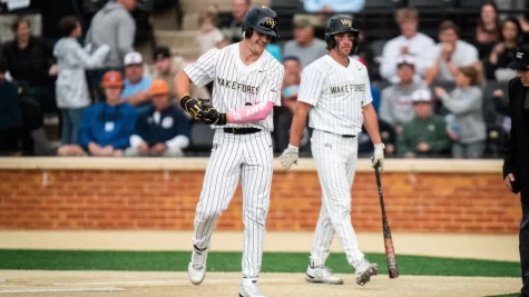 Brock Wilken (left) hit his 59th home run on Tuesday night, making him the all-time home run leader for Wake Forest