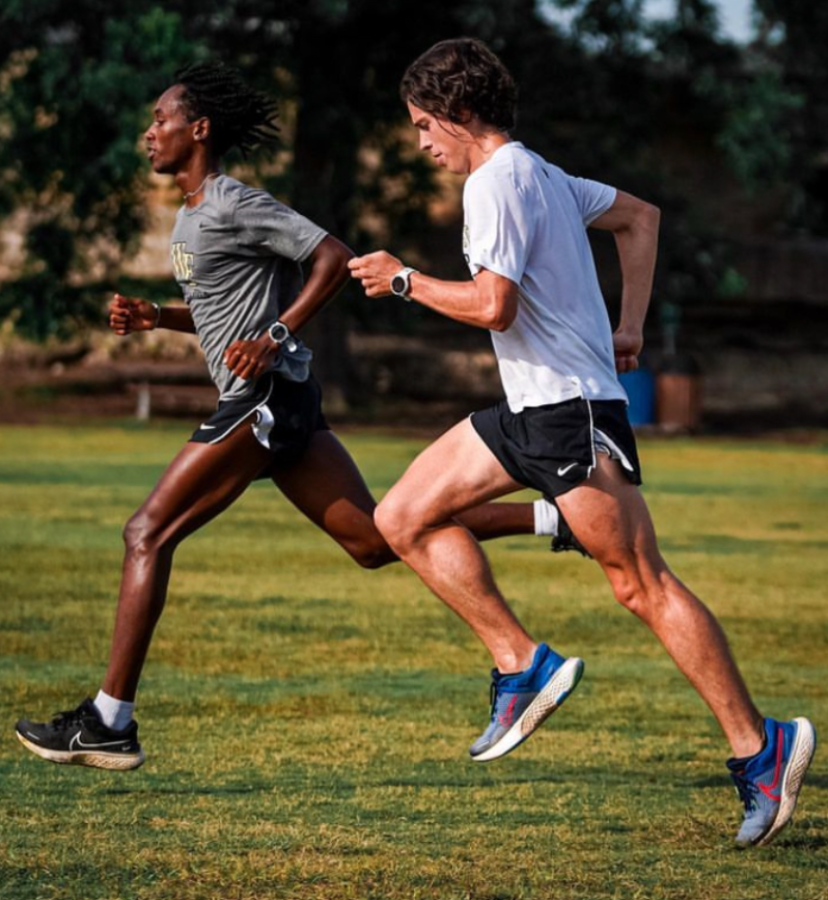 Luke Tewalt (left) and Zach Facioni (right) complete one last workout before Friday night’s 10:55 EDT 5K National Championship race in Austin, Texas.