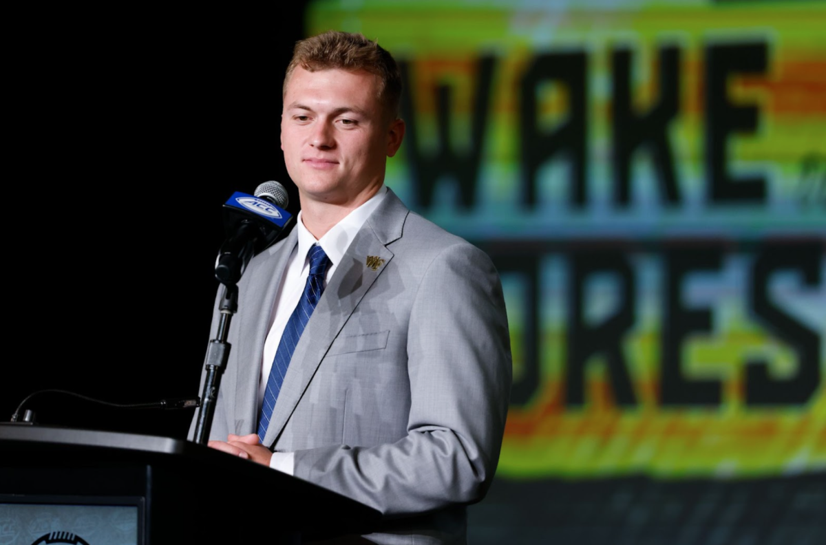 Mitch Griffis, redshirt sophomore quarterback, takes the podium at 2023 ACC Kickoff in Charlotte on July 27, 2023 (Courtesy of the ACC).