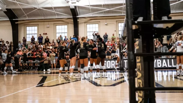 The volleyball team, and the crowd, celebrates after winning a point (Courtesy of WFU Athletics).