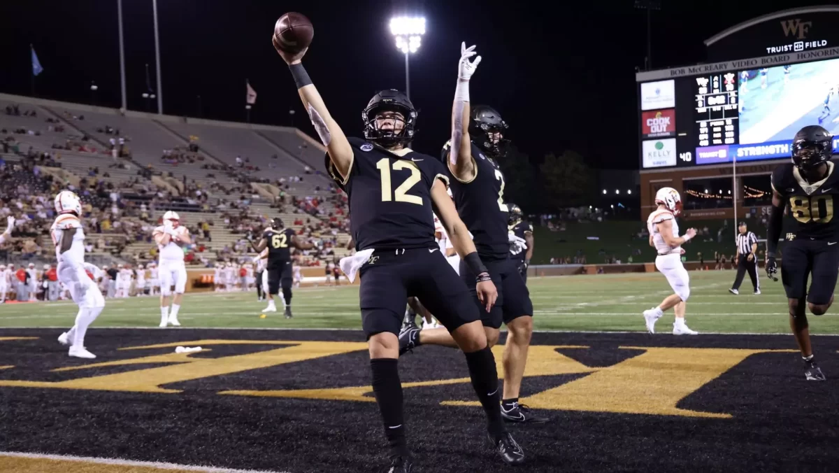 The Wake Forest football team celebrates a touchdown in their 2022 season opener (Courtesy of WFU Athletics).