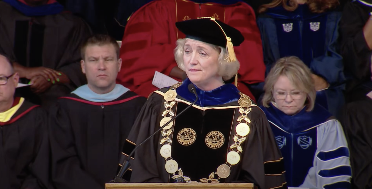 President Dr. Susan Wente addresses the Class of 2027 at Convocation (Courtesy of Wake Forest).