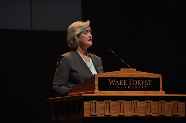 Wake Forest President Dr. Susan Wente delivers her annual address on Nov. 16 in Brendle Recital Hall. Senior Columnist Dillon Clark writes that Wente’s speech fell short of his expectations.