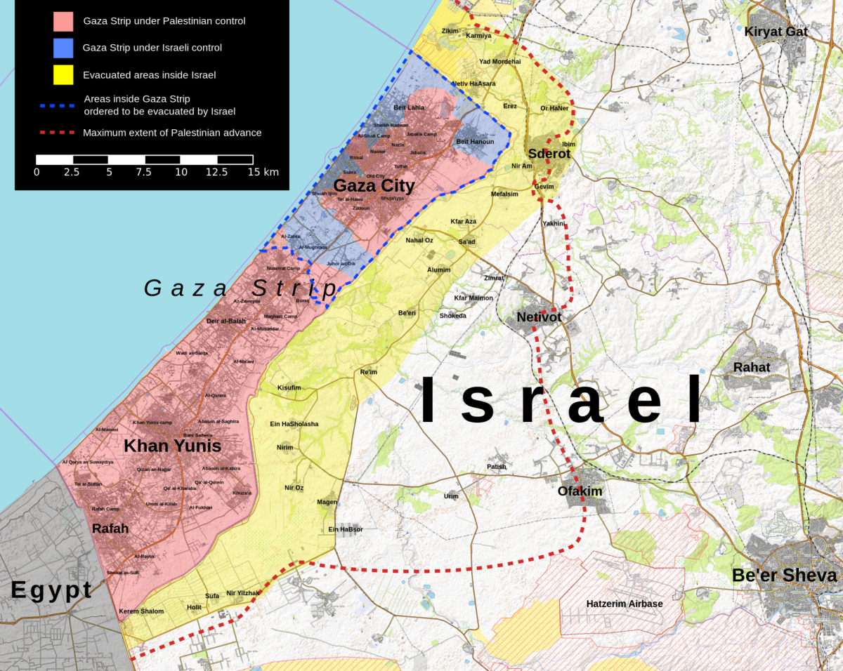 A map shows the geography of the current Israel-Hamas war (Courtesy of Wikimedia Commons). 