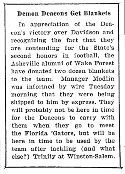 The first recorded reference to the “Demon Deacons” was in an article about commemorative blankets gifted from an alum. (Courtesy of the Digital Collections, ZSR Special Collections and Archives)