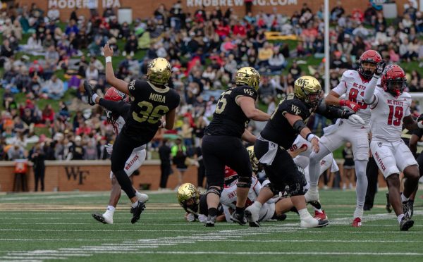 Ivan Mora punts the football away to NC State, one of seven times the Wake Forest offense punted.