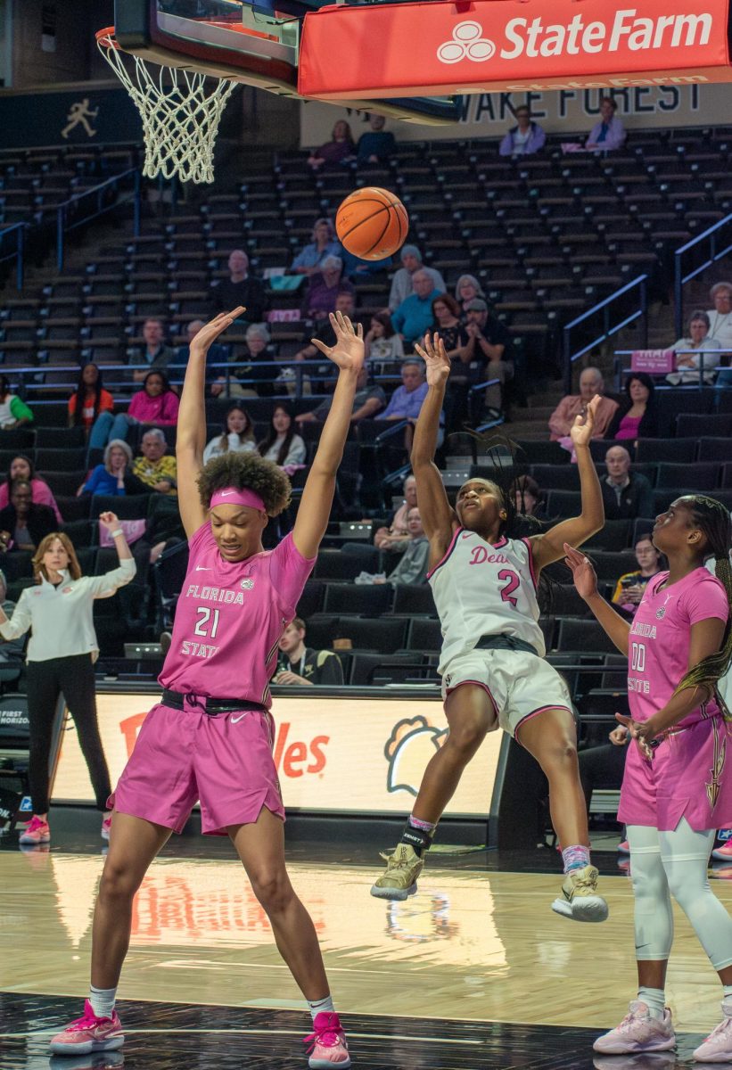 Senior guard Kaia Harrison sends up a shot over No. 23 Florida State’s Makayla Timpson during  (Feb. 23, 2023)