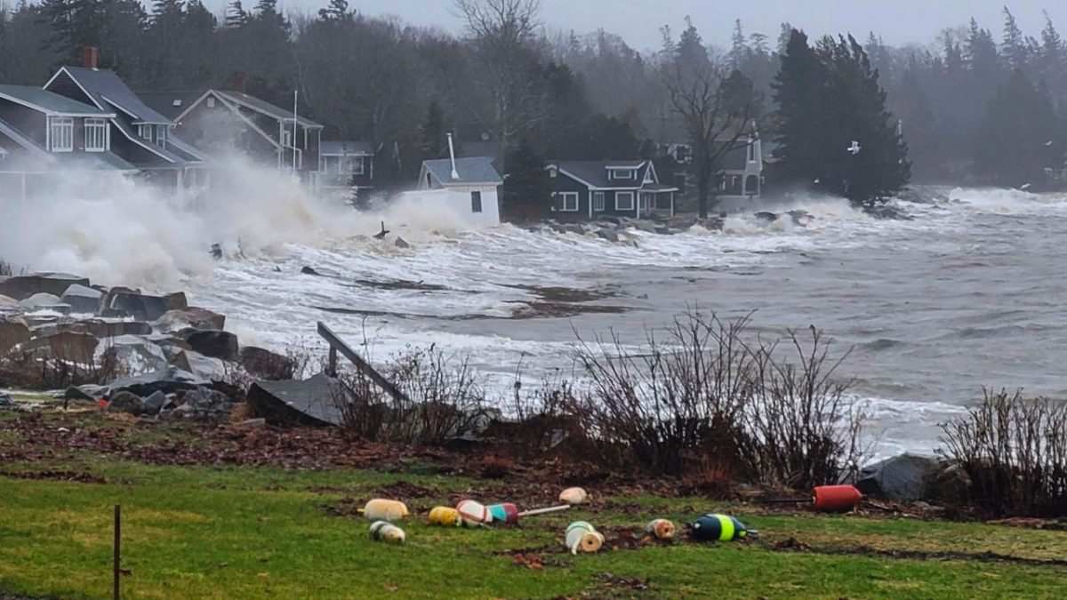 The storm surge batters the coastline of Maine, destroying residential and commercial property. Several historic landmarks were also washed away in the heavy flooding earlier this month. (Courtesy of C.L Alden)
