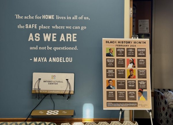A quote by Maya Angelou appears on a wall in the Intercultural Center beside a poster displaying the events calendar for Black History Month at Wake Forest for February 2024.