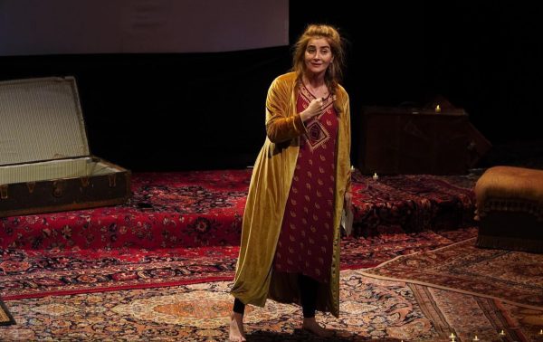 Sona Tatoyan pictured on Tedford stage where her professor Maya Angelou told to express herself without any reservation years ago. (Courtesy of Wake Forest University)